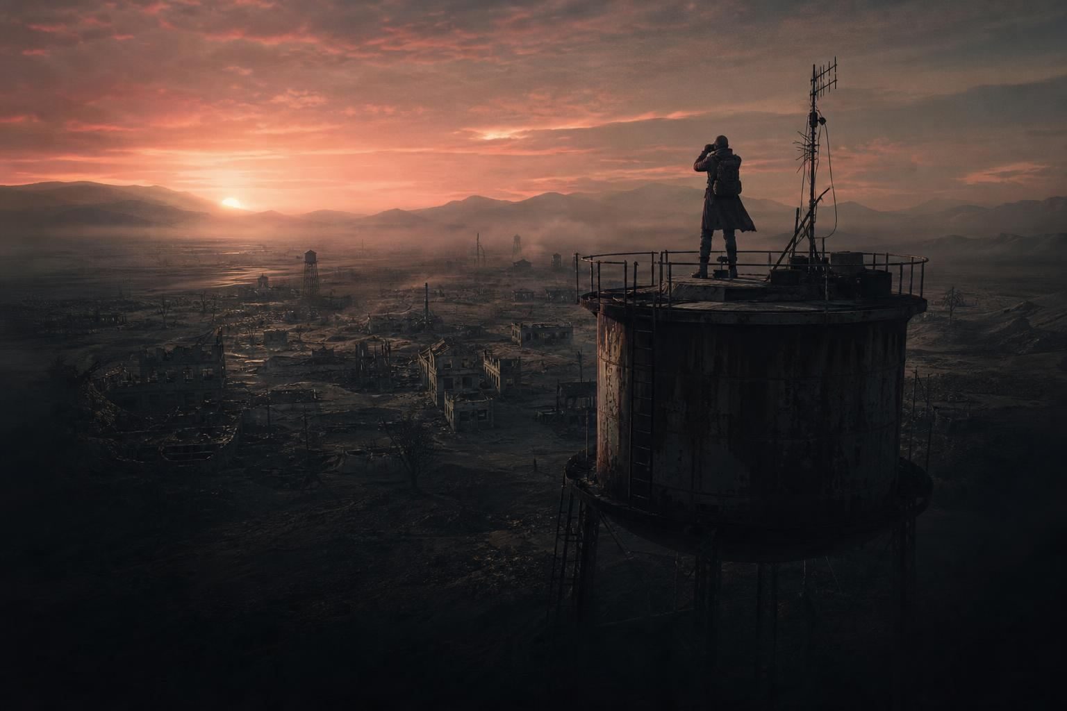 A survivor with binoculars on a water tower above a ruined town at sunset